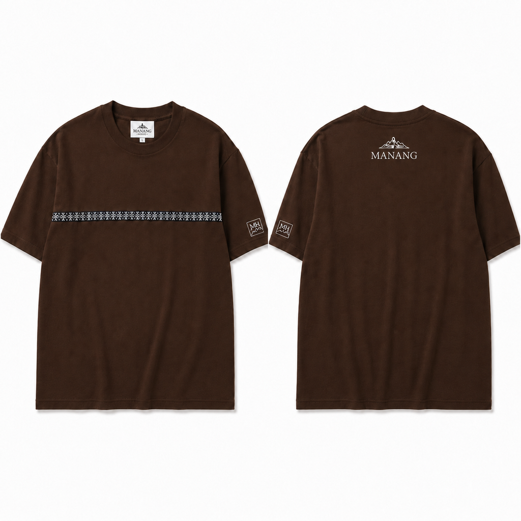 Front and back views of Manang House brown Himalayan stripe drop-shoulder T-shirt made in Nepal