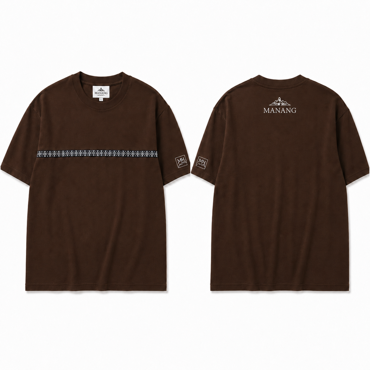 Front and back views of Manang House brown Himalayan stripe drop-shoulder T-shirt made in Nepal