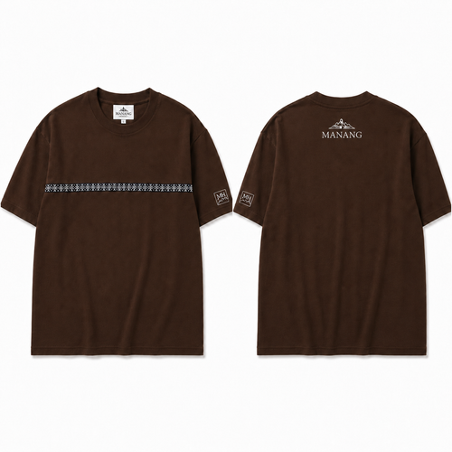 Front and back views of Manang House brown Himalayan stripe drop-shoulder T-shirt made in Nepal