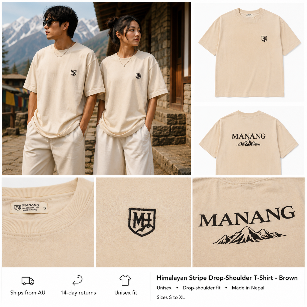 Manang House cream unisex drop-shoulder T-shirt with embroidered shield emblem, lookbook view