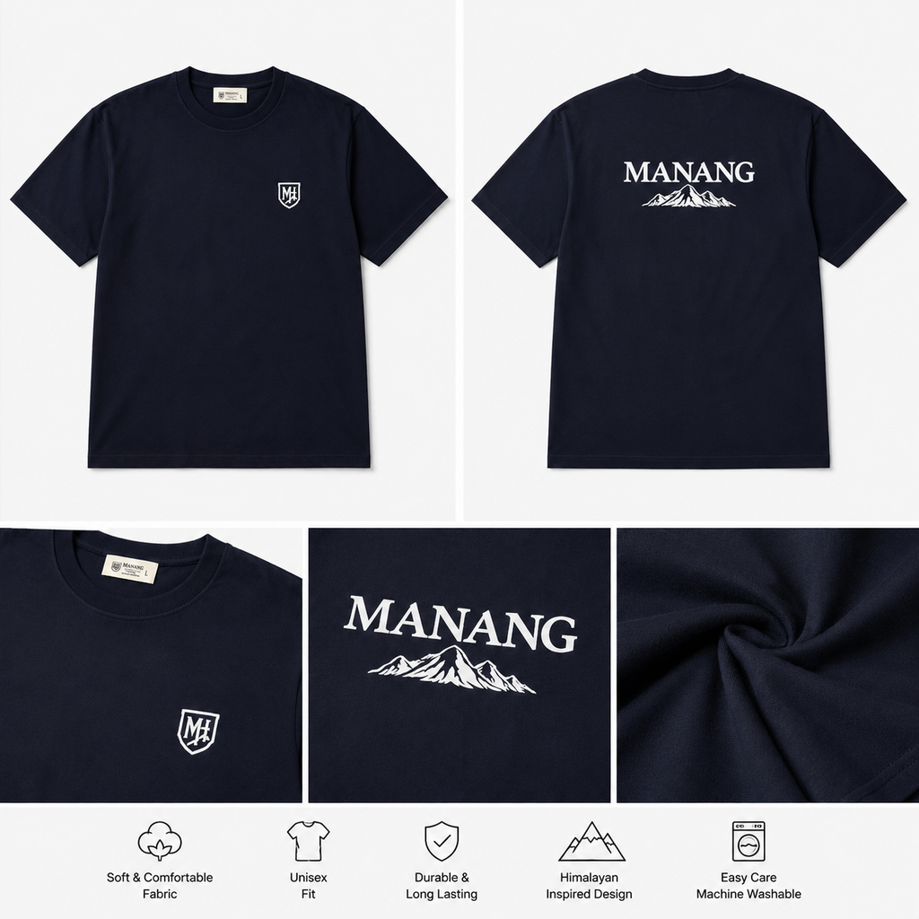 Manang House navy unisex drop-shoulder T-shirt product showcase with embroidered shield emblem