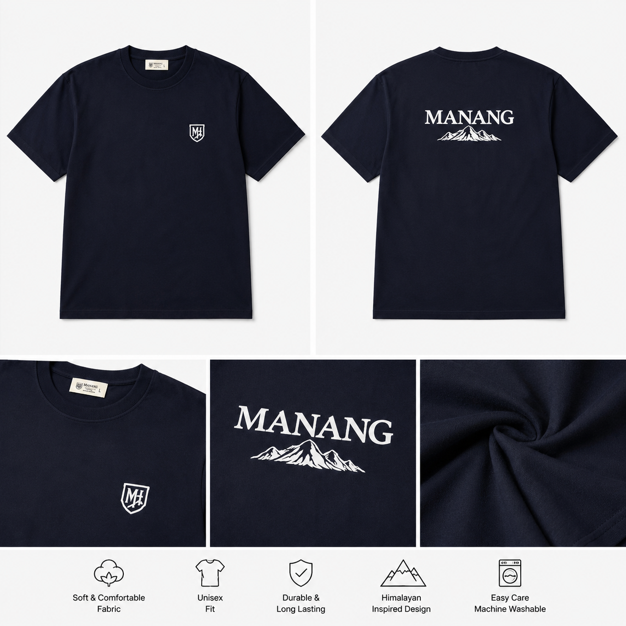 Manang House navy unisex drop-shoulder T-shirt product showcase with embroidered shield emblem