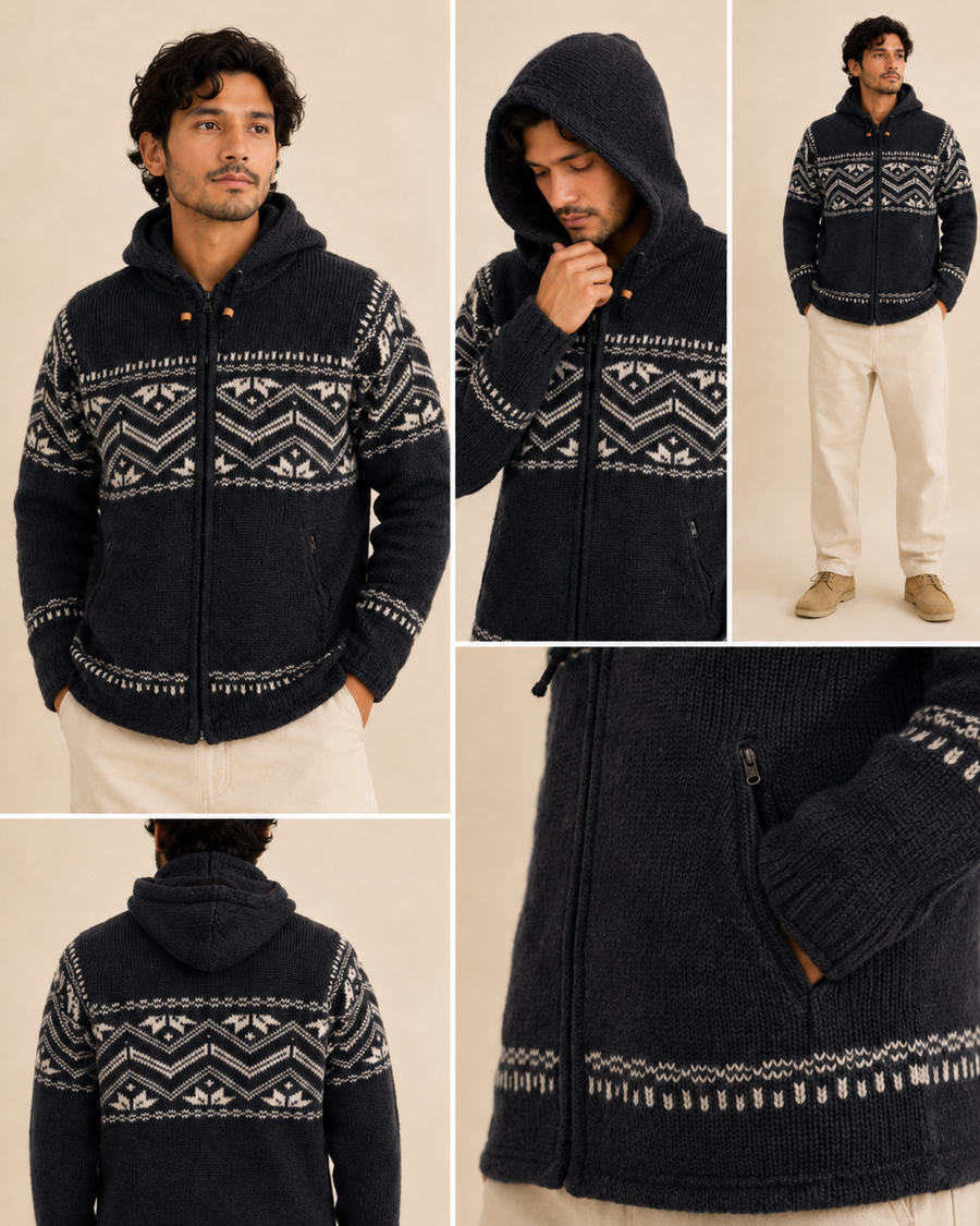 Hooded charcoal jacket with a 100% sheep wool outer and Himalayan knit pattern