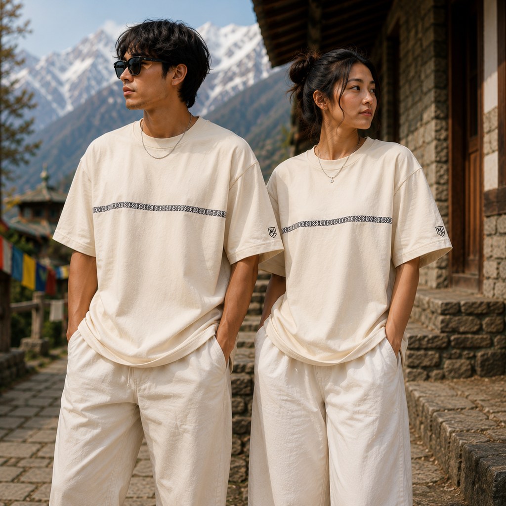 Man and woman wearing Manang House cream unisex drop-shoulder T-shirts against snowy Himalayan peaks