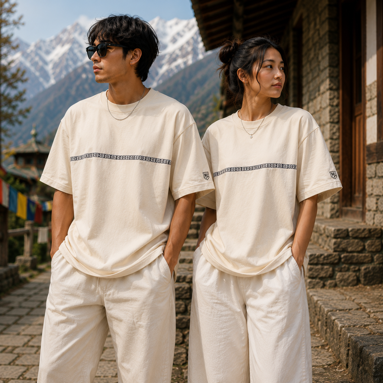 Man and woman wearing Manang House cream unisex drop-shoulder T-shirts against snowy Himalayan peaks