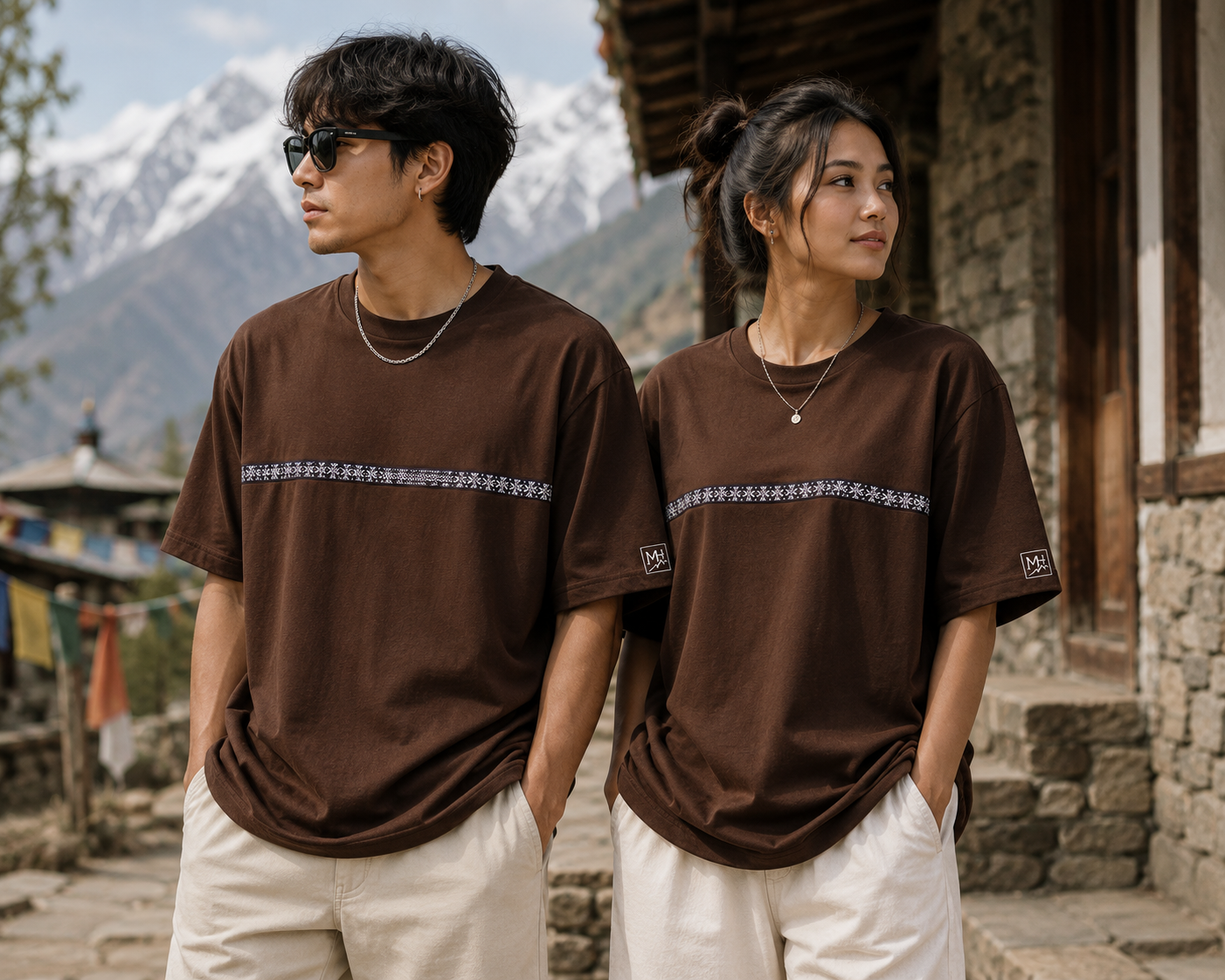 Man and woman wearing Manang House brown Himalayan stripe drop-shoulder T-shirts in a mountain village