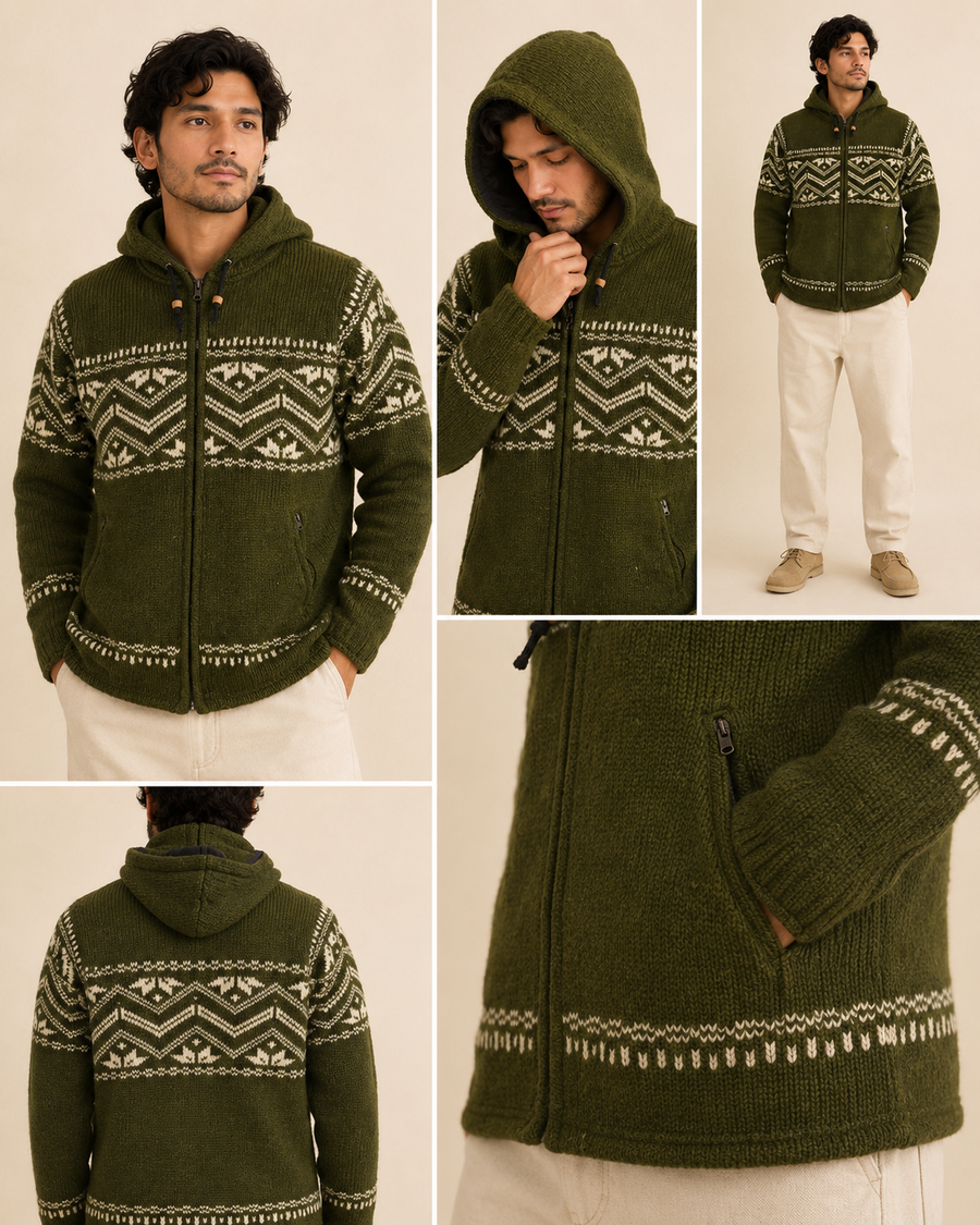 Fleece lined Himalayan jacket in olive green with a 100% sheep wool outer, made in Nepal