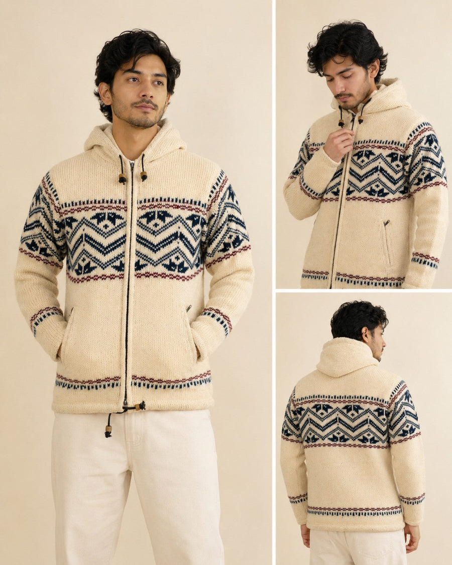 Fleece lined Himalayan jacket in cream with a 100% sheep wool outer, front and back views